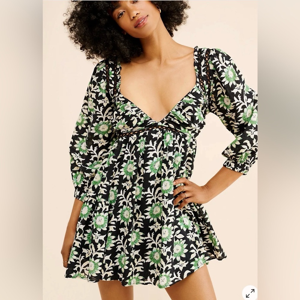 Free People Sacha Mini Dress Empire-Waist V-Neck Peasant Floral Black Green